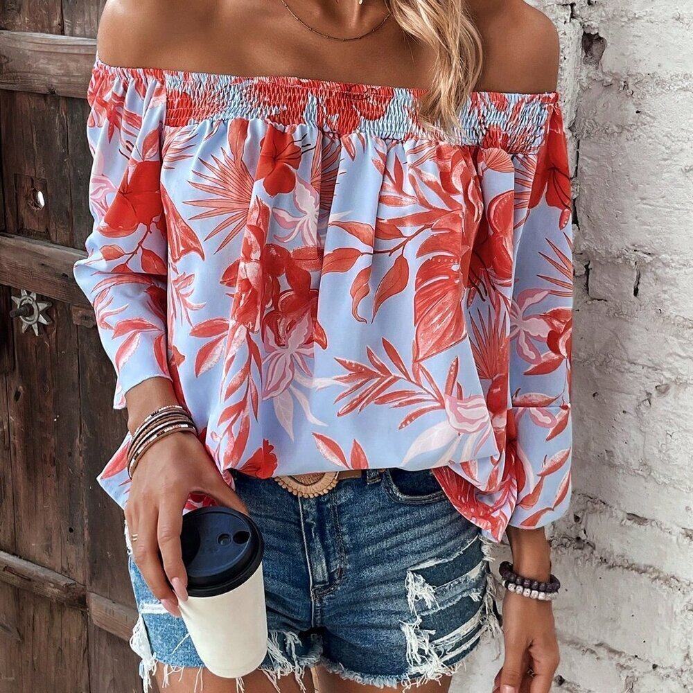 Multicolor Boho Women's Off Shoulder Blouse With Tropical Plant Print - Picture 5 of 6